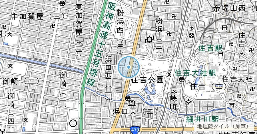 住吉高燈籠(かつての海岸線を示す灯台跡)の位置を示す地図