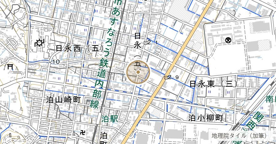 東海道名残りの一本松（日永の縄手跡）の位置を示す地図