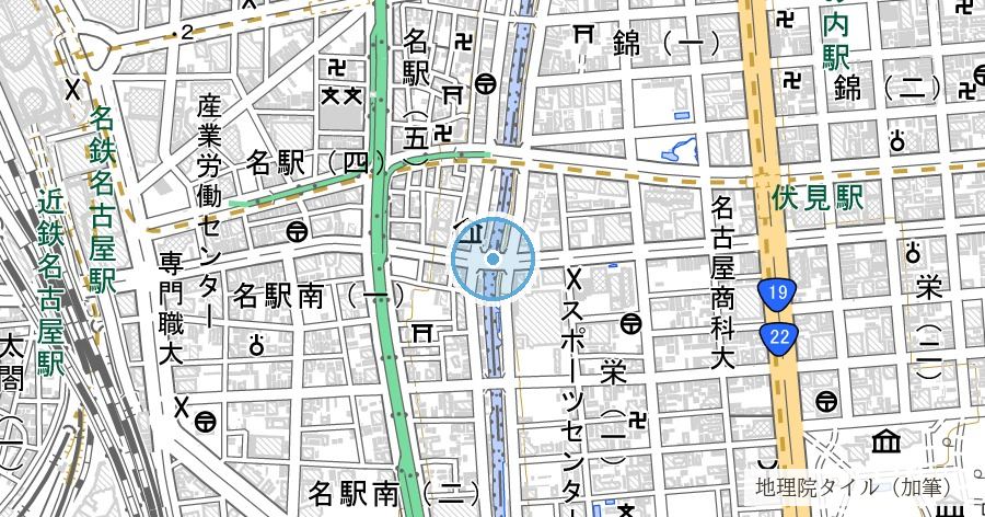 堀川(名古屋城築城とともに開削された運河)の位置を示す地図