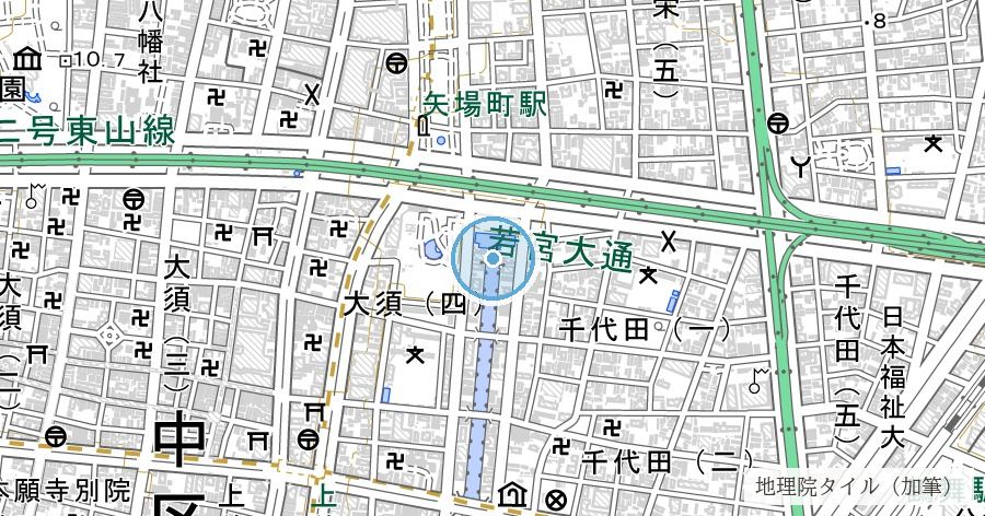 精進川の付け替えと新堀川(堀留・記念橋付近)の位置を示す地図