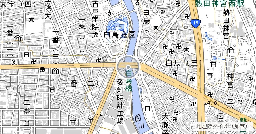空襲跡の碑(熱田空襲の記憶・堀川千年プロムナード)の位置を示す地図