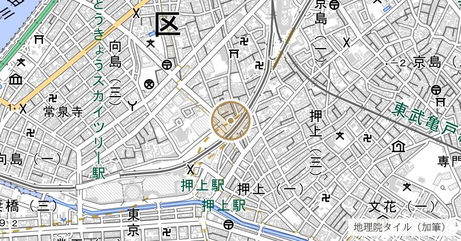 「押上」の地名由来(潮が押し上げた土地)の位置を示す地図