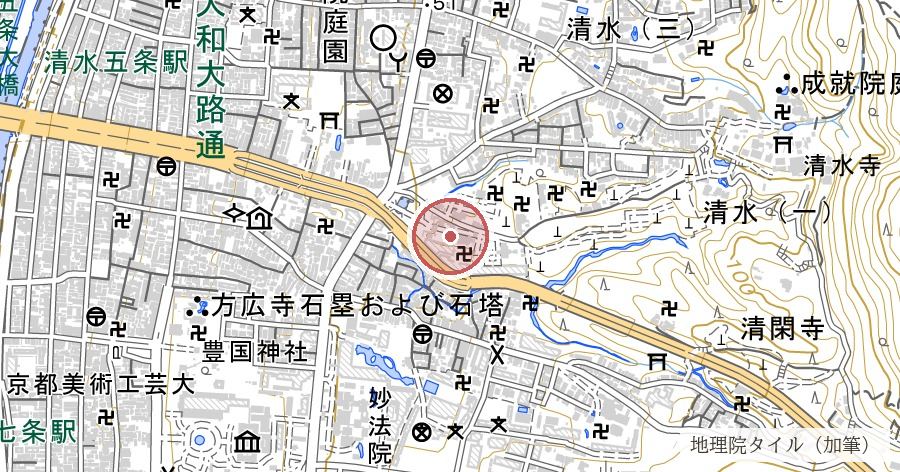 鳥辺野(平安京の葬送地・東山)の位置を示す地図