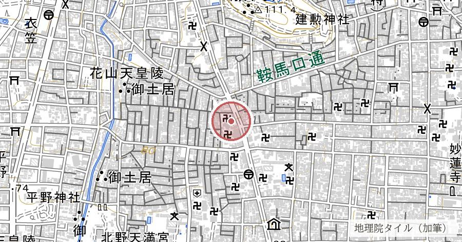 蓮台野(平安京の葬送地・千本ゑんま堂)の位置を示す地図