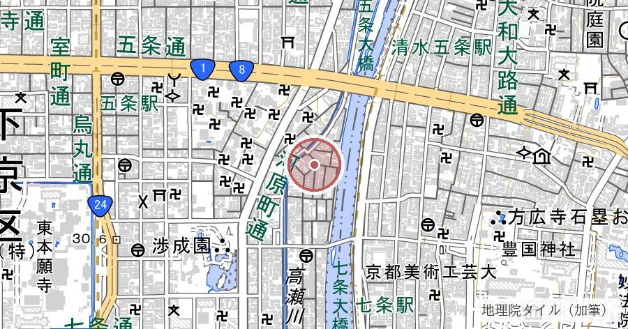 六条河原(処刑・晒しの場とされた鴨川の河原)の位置を示す地図