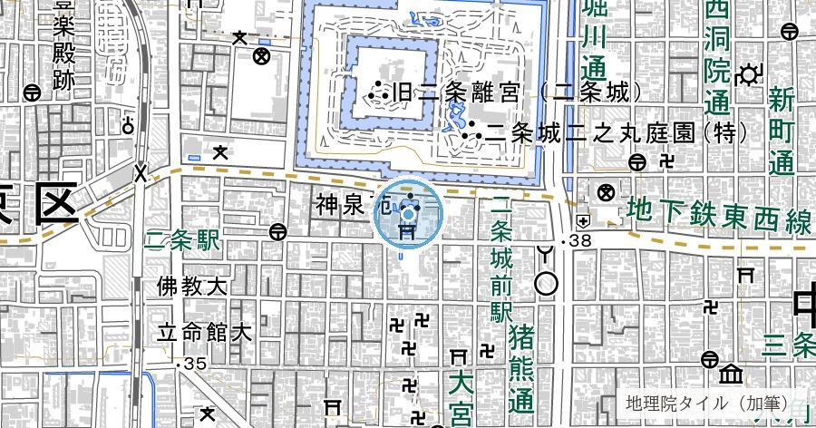 神泉苑(平安京の禁苑の跡・二条城の築城で縮小した苑池)の位置を示す地図