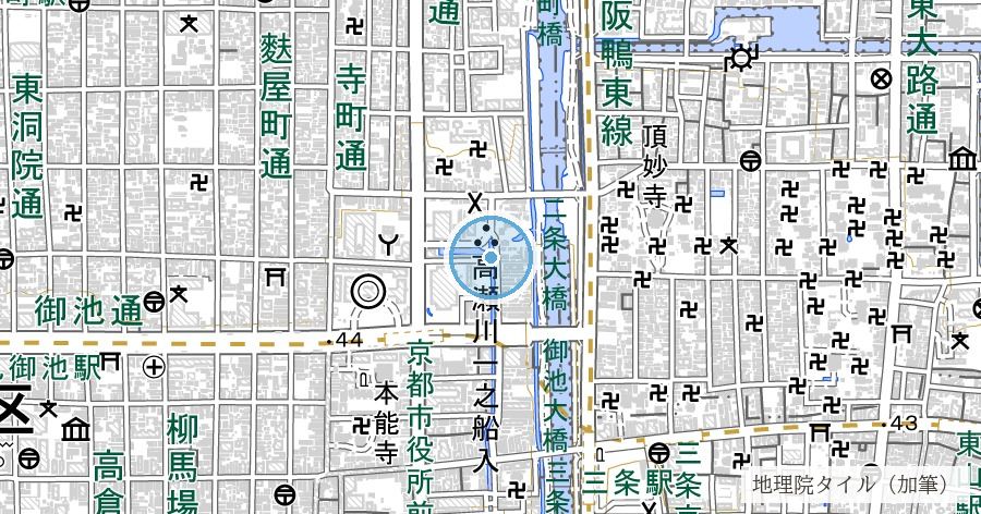 高瀬川 一之船入（慶長期の運河に唯一残る船溜まりの堀割）の位置を示す地図