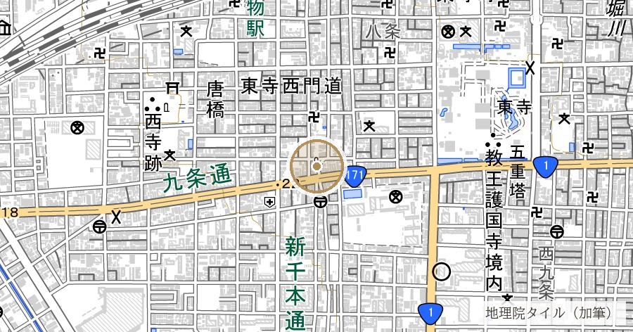 羅城門跡(平安京の正門・今は児童公園の石碑だけが残る)の位置を示す地図