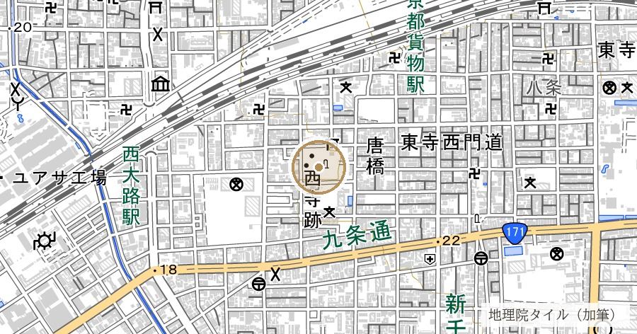 西寺跡（東寺と対をなした官寺の跡・唐橋西寺公園）の位置を示す地図