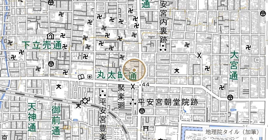 平安宮 大極殿跡(千本丸太町・内野児童公園の大極殿遺址碑)の位置を示す地図