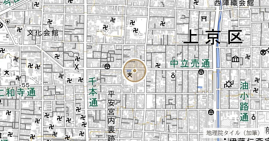 聚楽第跡（豊臣秀吉の政庁・文禄4年の破却で消えた城）の位置を示す地図