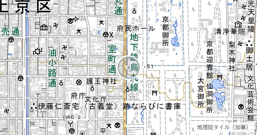 蛤御門の弾痕と伝わる跡（禁門の変の最大の激戦地）の位置を示す地図
