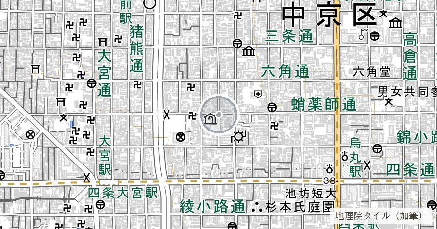 本能寺跡（本能寺の変の舞台・現在の寺町御池とは別の旧地）の位置を示す地図