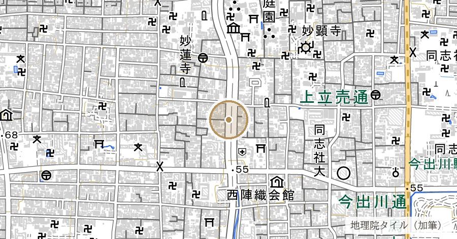 西陣（応仁の乱の西軍の陣に由来するとされる織物の町の通称）の位置を示す地図