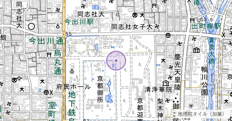 猿ヶ辻（京都御所の築地塀で鬼門の角だけを欠いた一画）の位置を示す地図
