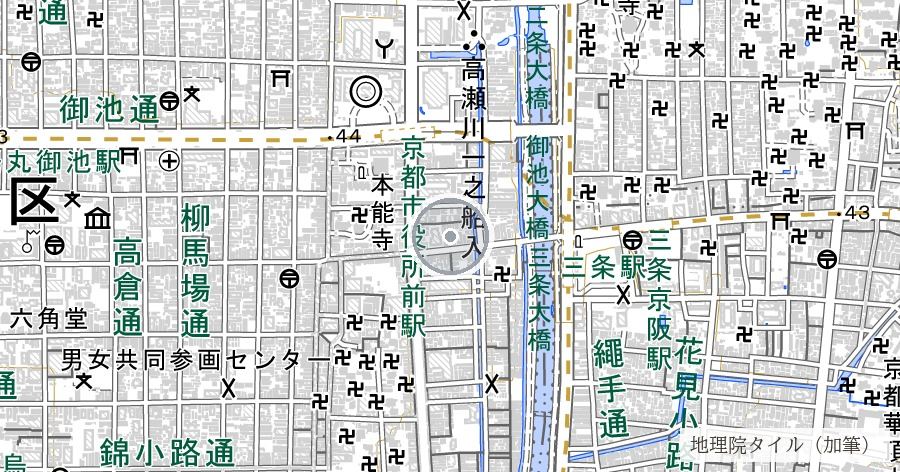 池田屋事件の跡(三条小橋のたもと・池田屋騒動之址の石標)の位置を示す地図