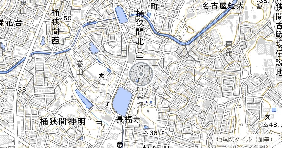 桶狭間古戦場公園（田楽坪・今川義元討死の地と伝わる一画）の位置を示す地図