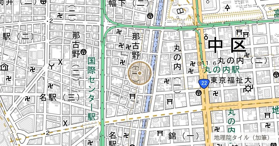 四間道（しけみち・元禄の大火のあと四間に広げたと伝わる道）の位置を示す地図