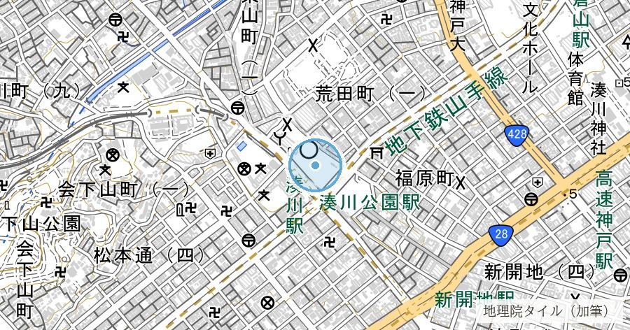 旧湊川の付け替え跡(新開地・湊川公園)の位置を示す地図