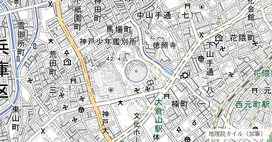 神戸大空襲の被災地と「神戸空襲を忘れない いのちと平和の碑」（大倉山公園）の位置を示す地図