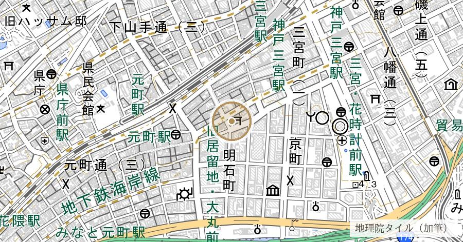 三宮神社と生田裔神八社（「三宮」という地名の由来と伝わる社）の位置を示す地図