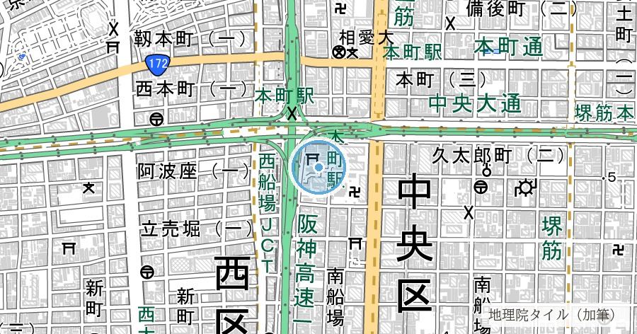 西横堀川跡（阪神高速環状線下）の位置を示す地図