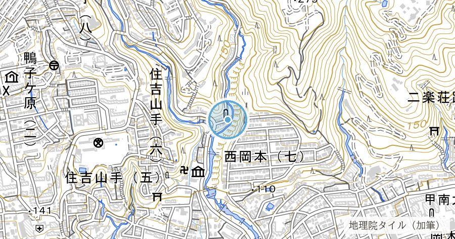 阪神大水害の水災紀念碑（住吉川・落合橋）の位置を示す地図