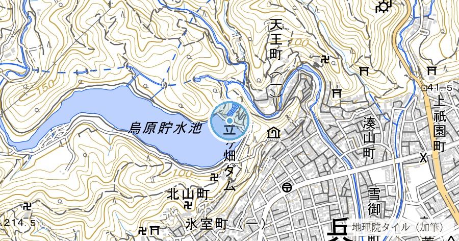 烏原貯水池と旧烏原村の石臼(立ヶ畑堰堤)の位置を示す地図