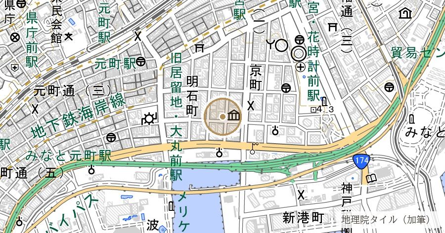 神戸外国人居留地跡(旧居留地煉瓦造下水道と十五番館)の位置を示す地図