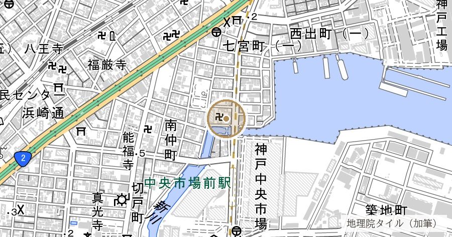 経が島(平清盛が大輪田泊に築いたと伝わる人工島の推定地)の位置を示す地図