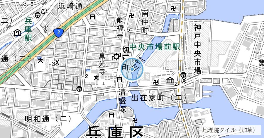 兵庫運河と新川運河（和田岬の難所を避けるために掘られた運河）の位置を示す地図