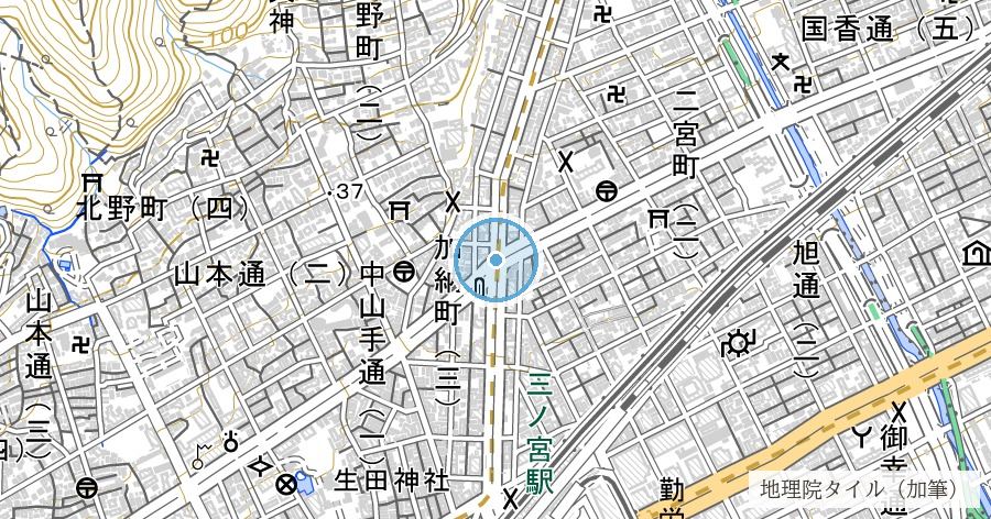 旧生田川の付け替え跡（フラワーロードと加納町の由来）の位置を示す地図