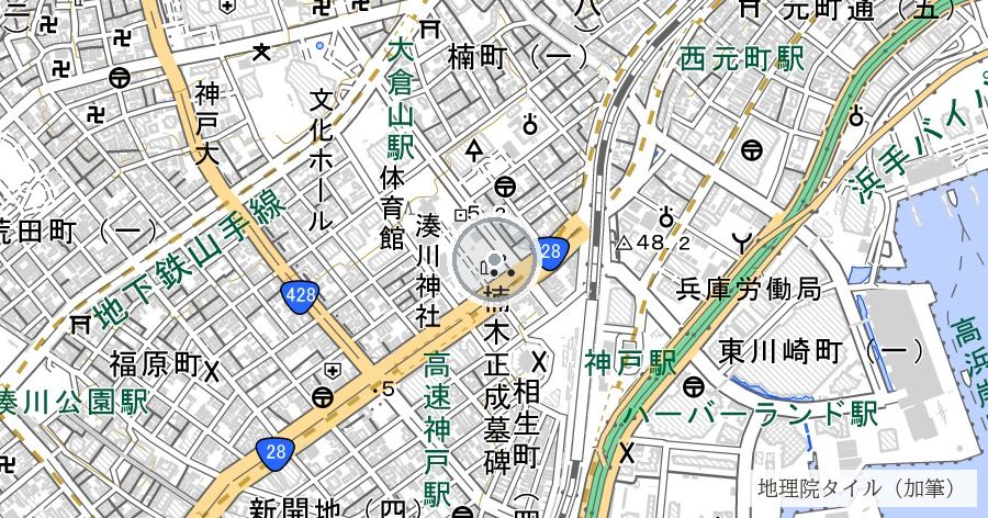 湊川の戦いの古戦場と楠木正成墓碑(湊川神社)の位置を示す地図