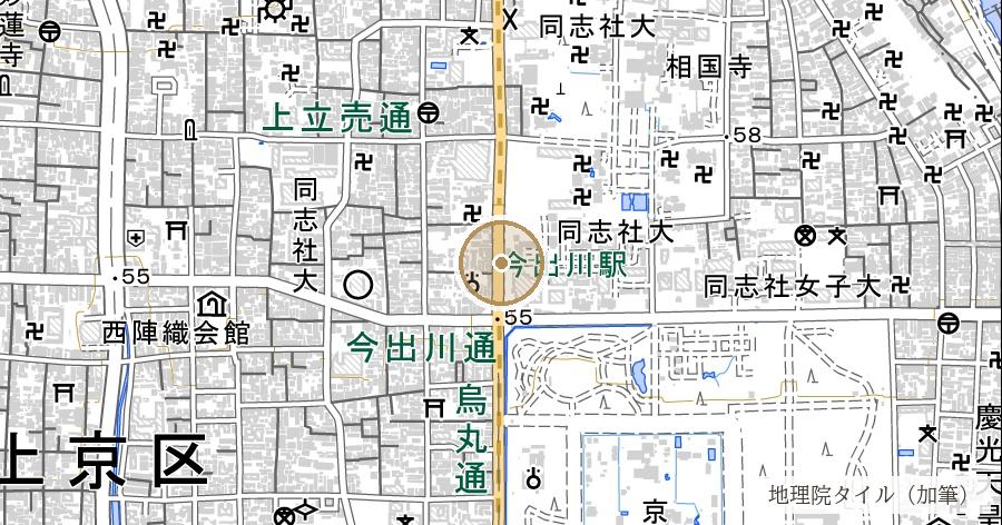 薩摩藩邸跡（二本松屋敷・同志社大学西門前の石標）の位置を示す地図