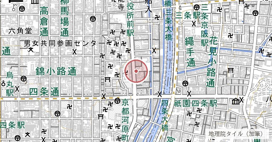 近江屋跡（坂本龍馬・中岡慎太郎遭難之地）の位置を示す地図