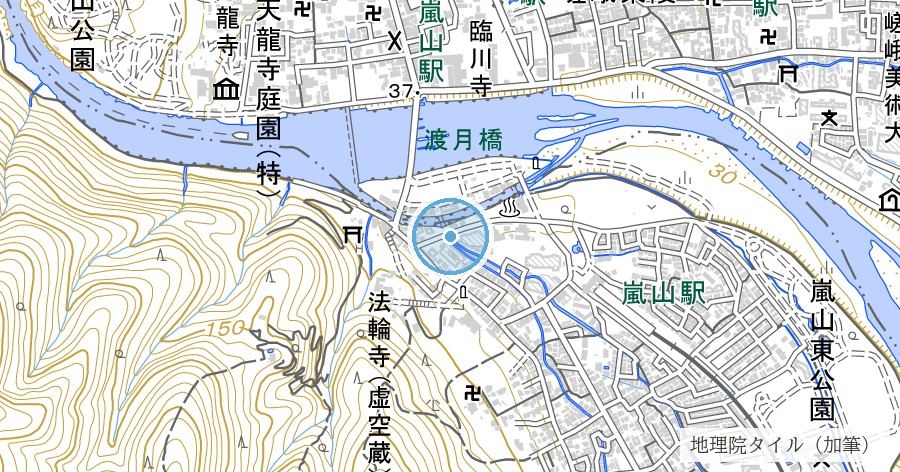 葛野大堰と大堰川・渡月橋の位置を示す地図