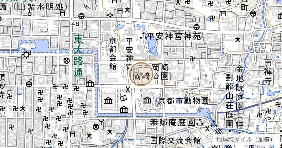 岡崎(第4回内国勧業博覧会の跡地と平安神宮)の位置を示す地図