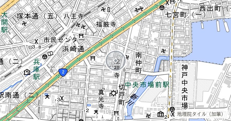 兵庫大仏と金属供出の痕跡（能福寺）の位置を示す地図