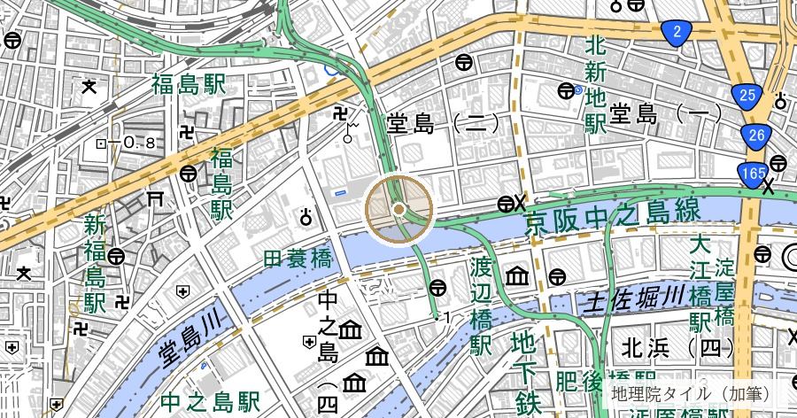 堂島・中之島「島」地名群の位置を示す地図