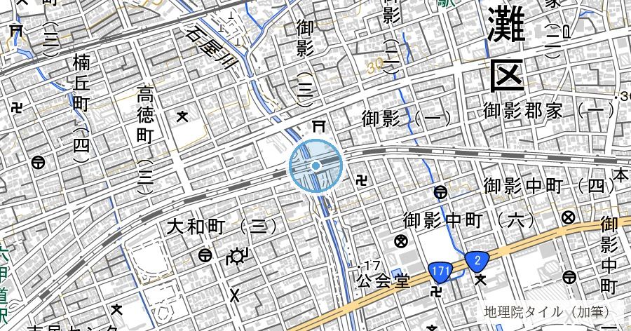 石屋川の天井川と旧石屋川隧道跡の位置を示す地図