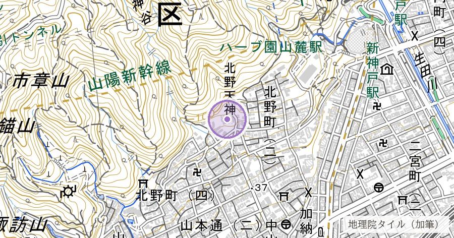 北野天満神社(福原京の鬼門鎮護と伝わる社)の位置を示す地図