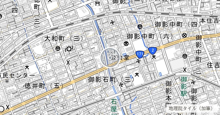 御影公会堂（神戸大空襲で外壁を残して焼けた建物）の位置を示す地図