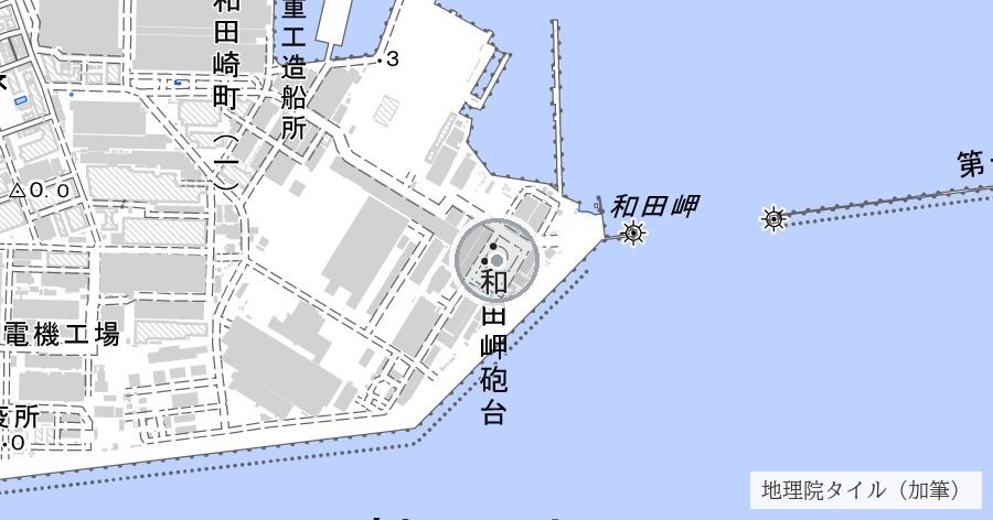 和田岬砲台（造船所の中に残る幕末の海防砲台）の位置を示す地図