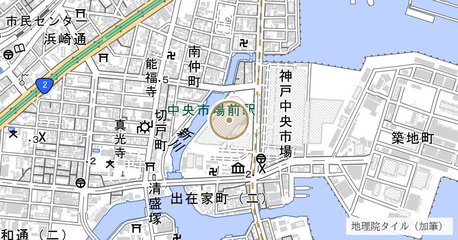 兵庫城跡と初代兵庫県庁跡(イオンモール神戸南の地下)の位置を示す地図
