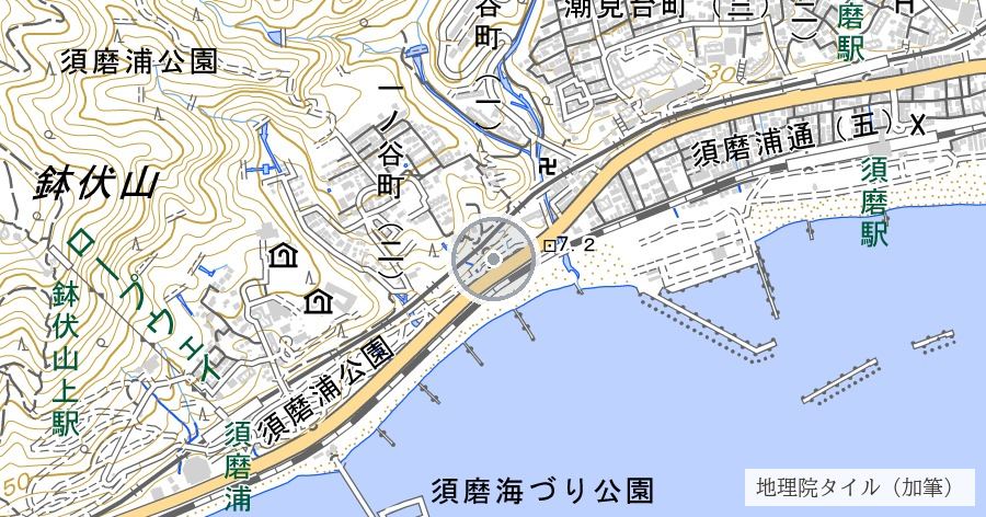 一ノ谷合戦の古戦場と戦の濱碑(鵯越の逆落としはどこか)の位置を示す地図
