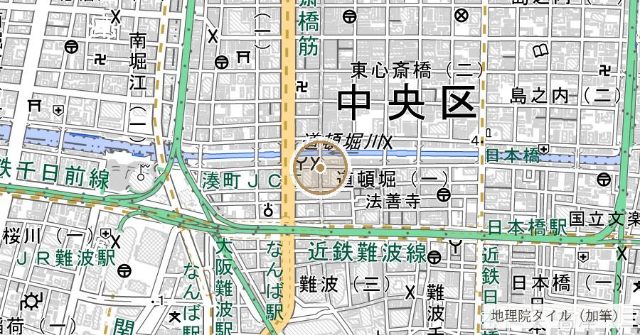 道頓堀川(1615年開削の運河)の位置を示す地図