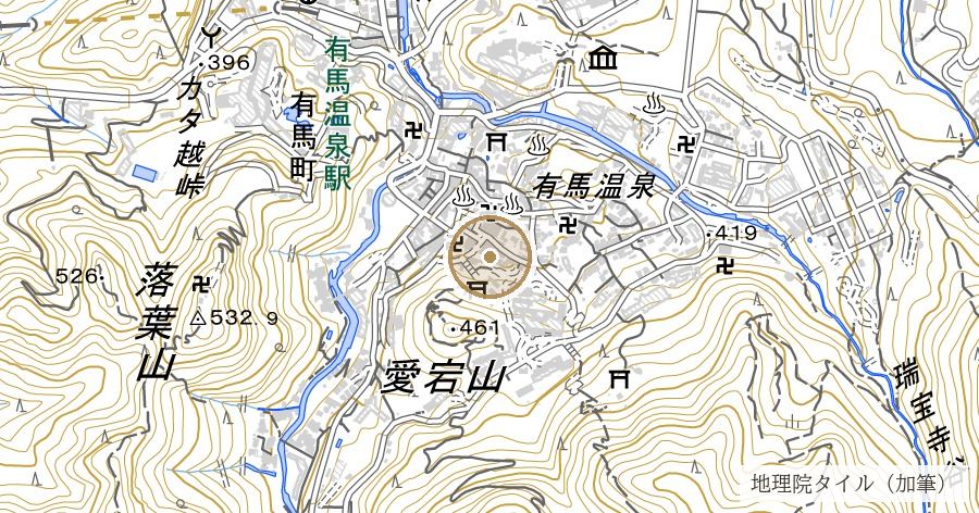 伝豊太閤湯山御殿跡(神戸市立太閤の湯殿館)の位置を示す地図