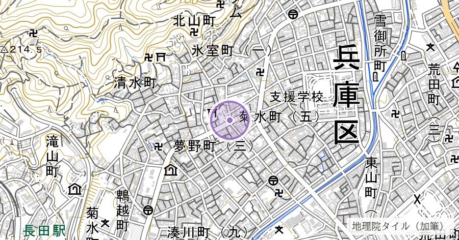 熊野神社と福原京の方位（王城鎮護と伝わる社は、どの方角にあるのか）の位置を示す地図