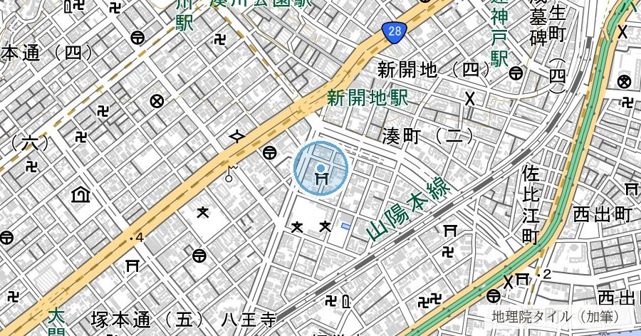 厳島神社と渦輪(兵庫の弁天さん)の位置を示す地図