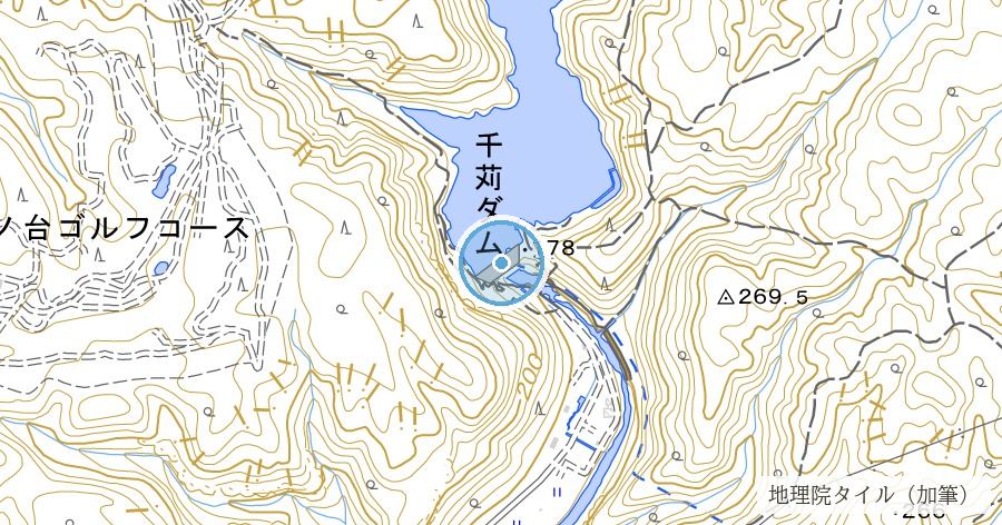 千苅貯水池と水没した波豆の金福寺跡の位置を示す地図